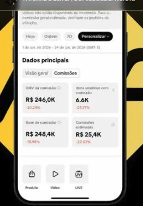Painel de comissões do TikTok Shop com R$ 246,0K de GMV, 6,6 mil itens vendidos e R$ 25,4K de comissões estimadas no mês