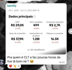 Print da Kamilly com R$ 29,0K de GMV, 499 itens vendidos e R$ 2,7K de comissão estimada fazendo poucas horas de live