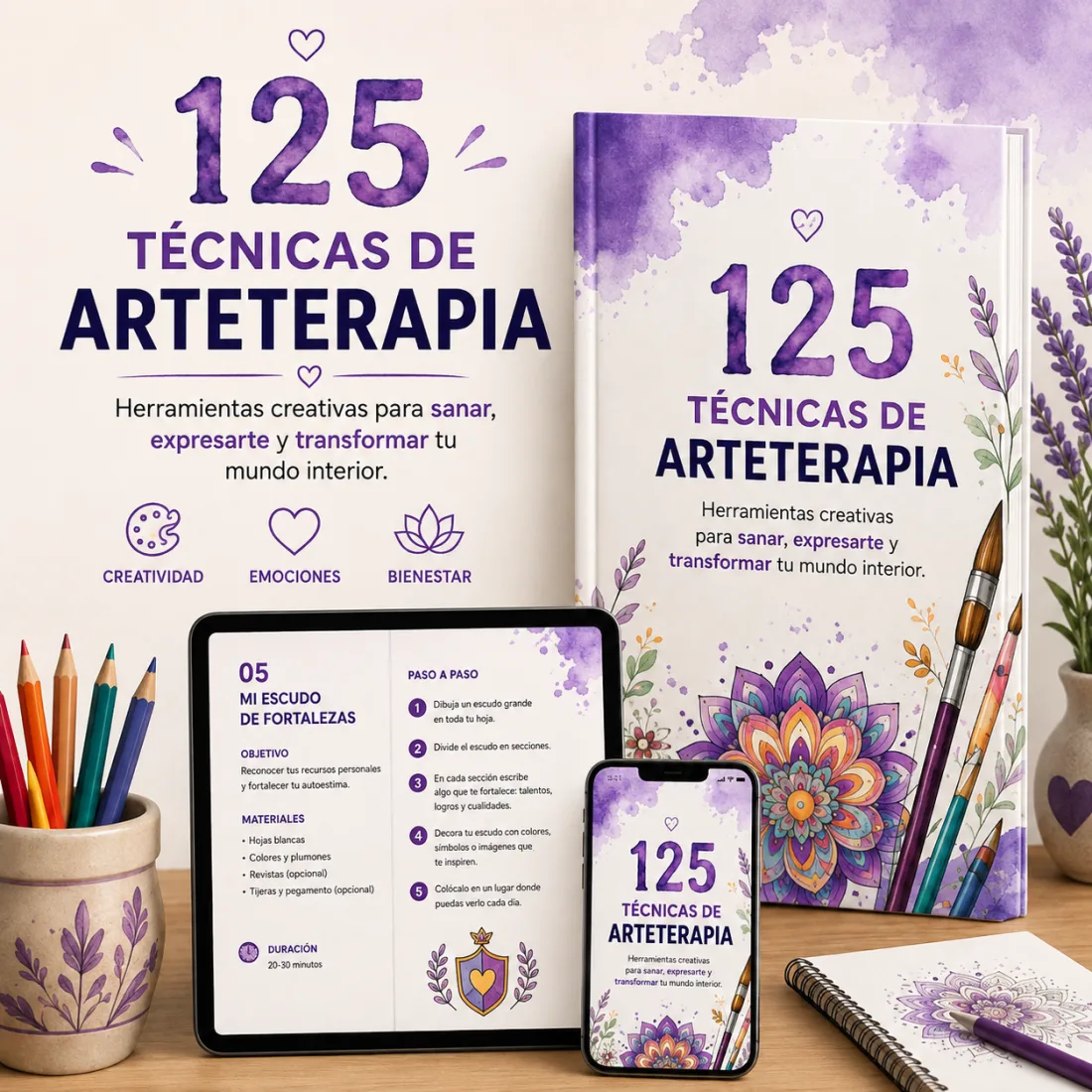 Mockup de 125 Técnicas de Arteterapia: libro, tablet y celular con ejercicios creativos