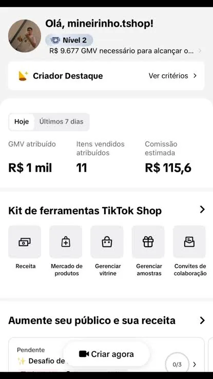 Perfil de criador nível 2 no TikTok Shop com R$ 1 mil de GMV atribuído e R$ 115,6 de comissão