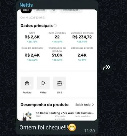 Mensagem de aluno com print de R$ 2,6K de GMV e R$ 234,72 de comissão: “Ontem foi cheque!”